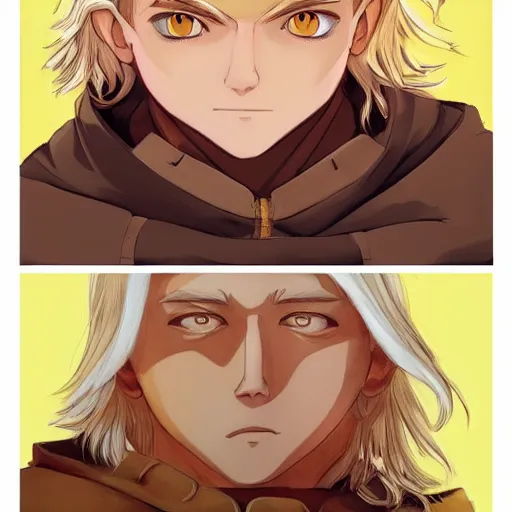 Image similar to blonde boy with yellow eyes wearing a brown cape in the style of studio ghibli, artgerm