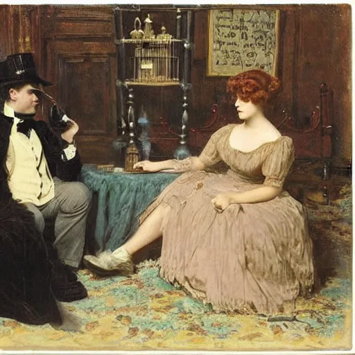 Prompt: young victorian woman solving an escape room riddle, while young victorian man is trapped in a cage, painted by alfred stevens