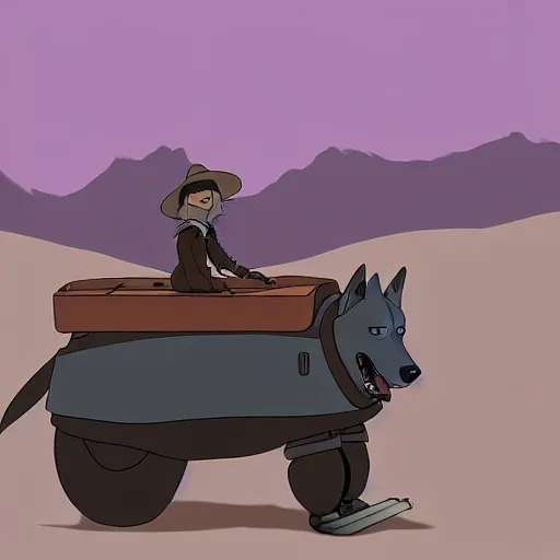 Prompt: a study of cell shaded cartoon of a grey robot sled dog from howl's moving castle ( 2 0 0 4 ) on a desert road, full body, wide shot, very muted colors, post grunge, studio ghibli, laurie greasley, highly detailed, deviantart, art by artgem