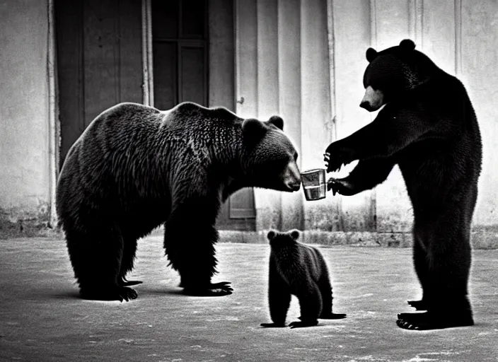 Image similar to gopnik drinking cheap beer with a bear, soviet exterior, symmetrical, cinematic, real photography