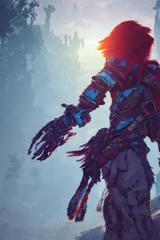 Image similar to combination suit armor aloy horizon forbidden west horizon zero dawn radiating a glowing aura global illumination ray tracing hdr fanart arstation by ian pesty and alena aenami artworks in 4 k tribal robot ninja mask helmet backpack