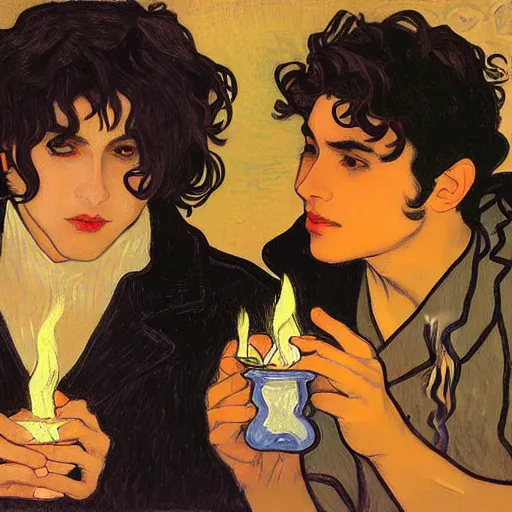 Image similar to painting of young cute handsome beautiful dark medium wavy hair man in his 2 0 s named shadow taehyung and cute handsome beautiful min - jun together at the halloween party, bubbling cauldron, candles, smoke, tarot, autumn colors, elegant, stylized, soft facial features, delicate facial features, art by alphonse mucha, vincent van gogh, egon schiele