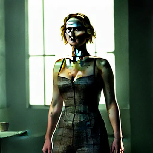 Image similar to cinematic jennifer lawrence as frankensteins monster, color photography, sharp detail, she is amused, still from the movie avengers