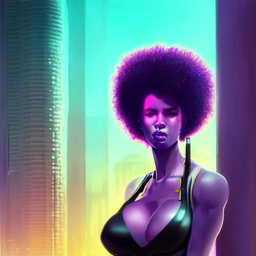 Image similar to cyberpunk black woman with afro hair, corcovado on the background, blue and purple digital art trending on artstation, atmospheric lighting, artgerm