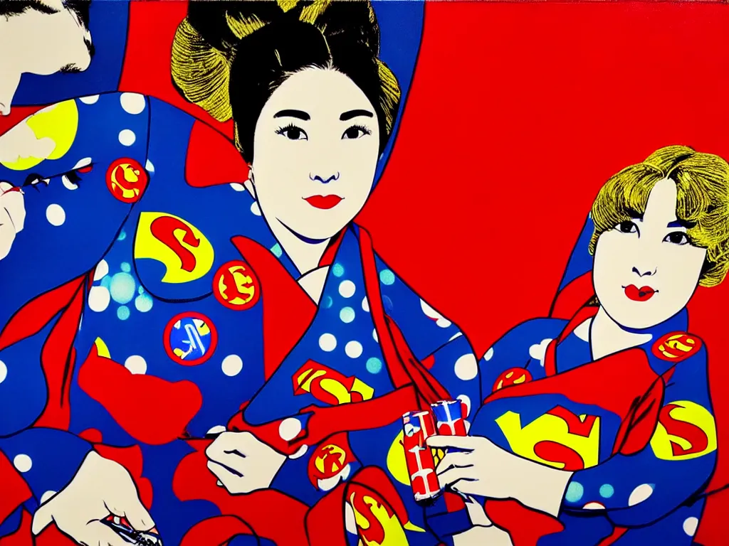 Prompt: hyperrealism composition of the detailed woman in a japanese kimono sitting at a poker table with superman, fireworks on the background, pop - art style, andy warhol style, acrylic on canvas