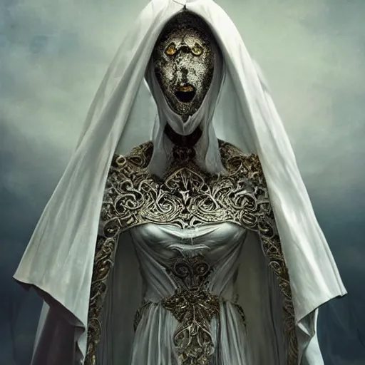 Prompt: vampire, renaissance noble costume, masked, ornate white cotton semi-transparent veils, concept art, cinematic, epic wide shot, artstation, sharp focus, carved white marble female biomechanical sculpture, subtle gold accents, beautifully lit, by Zdzisław Beksiński, hyper detailed, insane details, inticate, elite, ornate, elegant, luxury, dramatic lighting, environmental key art, octane render, weta digital, micro details, structure, ray trace 4k