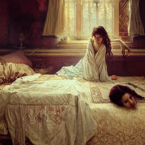 Prompt: portrait of girl in linen clothing falling from the room ceiling into a bed, fantasy character portrait, ultra realistic, concept art, intricate details, highly detailed by greg rutkowski, gaston bussiere, craig mullins, in style of alphonso mucha