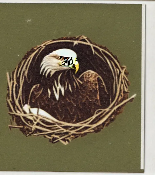 Image similar to damaged postcard of 'an eagle in the nest of a snowy pine tree' laying on coffee table, zoomed out shot