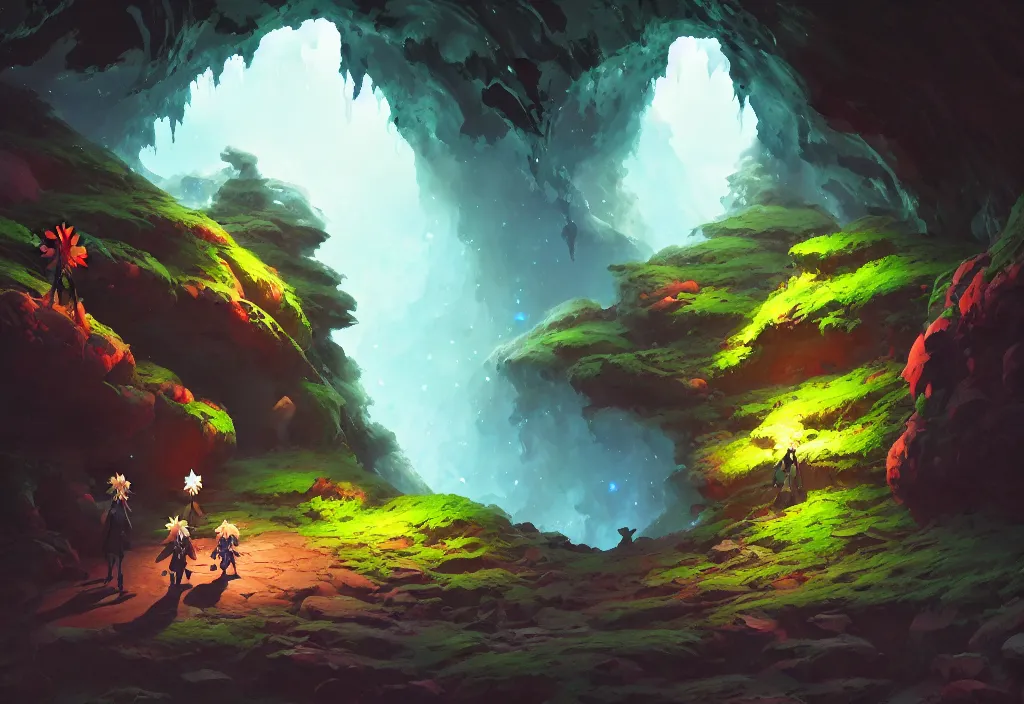 Prompt: a dark cave tunnel with crystals and moss, intricate oil painting, high detail illustration, sharp high detail, manga and anime 1 9 9 9, official fanart behance hd artstation by jesper ejsing and makoto shinkai, 4 k,