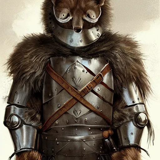 Prompt: cute fluffy brown dog wearing medieval suit of armor, illustration, concept art, art by wlop, dark, moody, dramatic