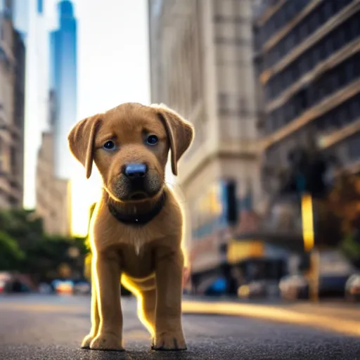 Prompt: a cute labrador puppy in the middle of a busy street with skyscrapers, low angle camera, cinematic, very detailed, 4 k, depth of field