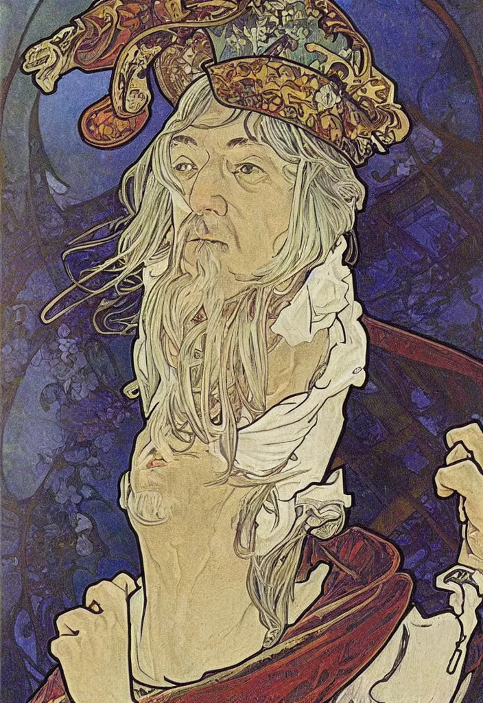 Image similar to realistic white - haired geoffrey hinton on a tarot card, tarot in art style by alphonse mucha