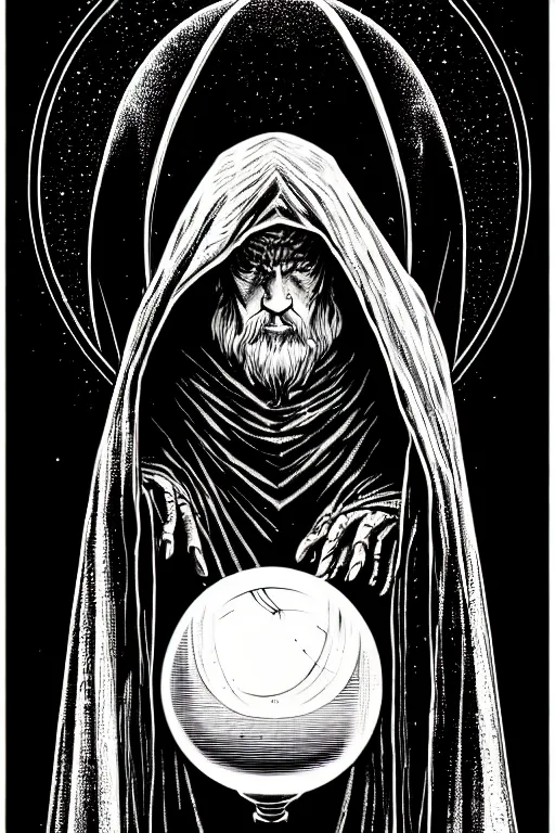 Image similar to wizard in a hooded cloak gazing into a crystal ball, high details, intricately detailed, by vincent di fate, inking, 3 color screen print, masterpiece, trending on artstation, side profile, sharp, details, hyper - detailed, hd, 4 k, 8 k