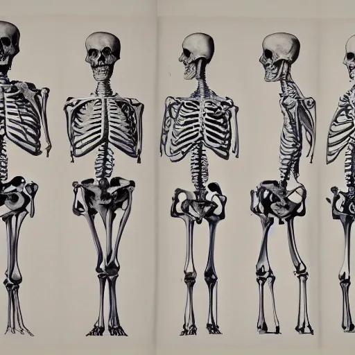Image similar to differents sketches of skeleton with perspective, anatomic description from medecine book, high resolution, highly detailed, 8 k