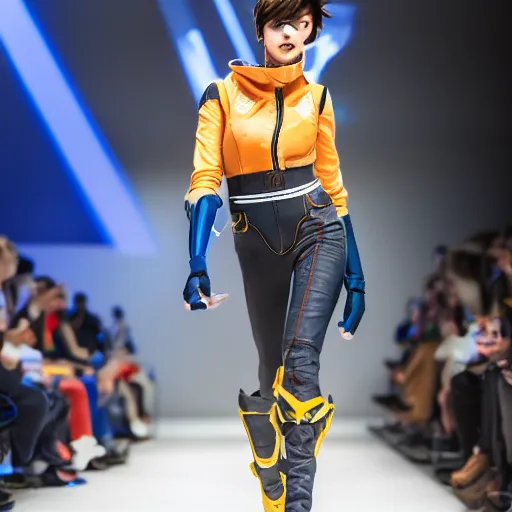 Image similar to tracer from overwatch on catwalk as runway model f/1.4