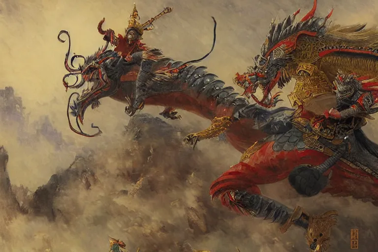Prompt: monkey king medieval chines armor fighting dragon in tokyo city by gaston bussiere