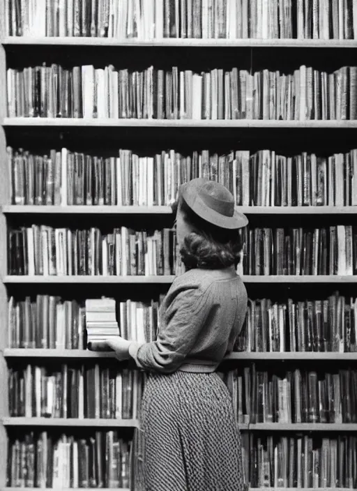 Prompt: a 3 5 mm photo from the back of a woman choosing a book from a library shelf on a college campus in the 1 9 5 0 s, bokeh, canon 5 0 mm, cinematic lighting, dramatic, film, photography, golden hour, depth of field, award - winning, 3 5 mm film grain, retro, film, kodachrome, closeup