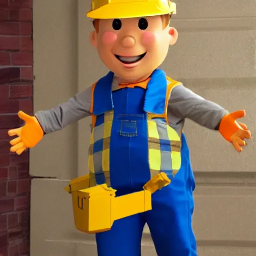 Prompt: bob the builder as a real life human person shot from cinematic