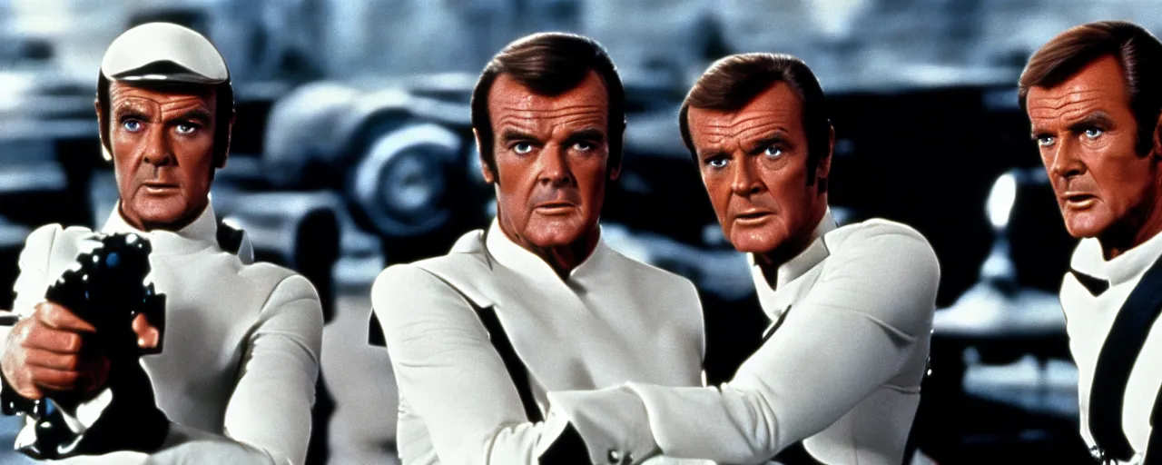 Image similar to a film still of Sean Connery and Roger Moore both as James Bond in Star Wars 1977 high quality .