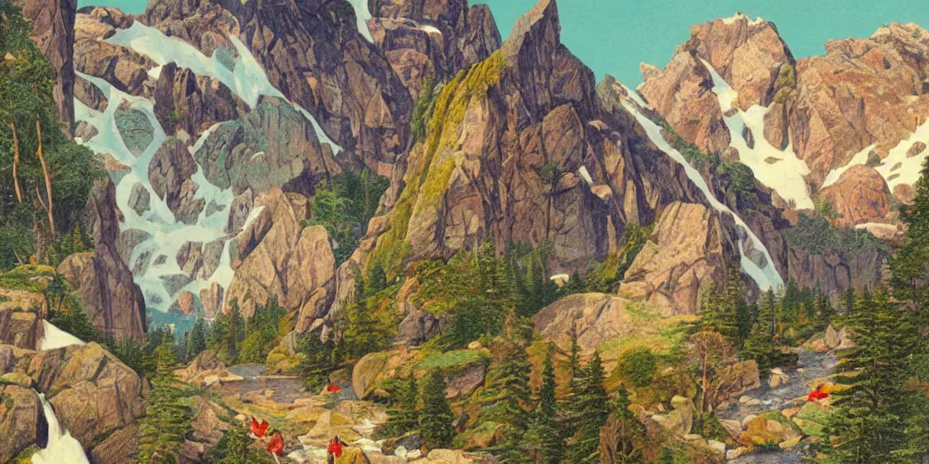 Image similar to beautiful idyllic poster illustration for a craggy ice valley national park by ludwig hohlwein, ludwig hohlwein, with close - up of grandma photorealistic eating crayons photoshopped into it