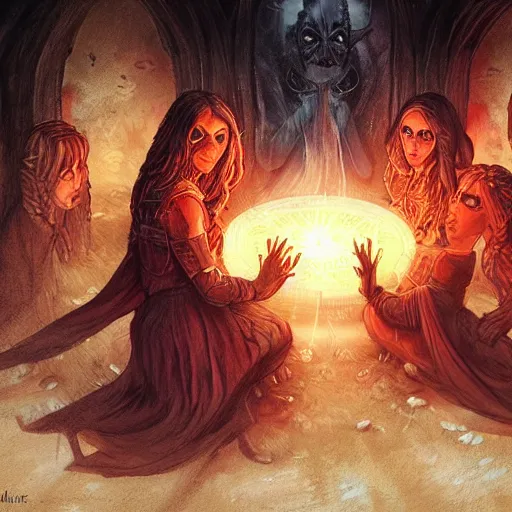 Image similar to female acolytes using demonic summoning circle to summon a demonic knight. incredible detail. by magali villeneuve and by wlop