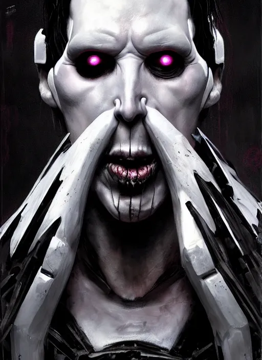 Image similar to marilyn manson as victor stone, full body concept, cyborg, borg, strogg, face of a man, terminator, flesh, quake strogg, doom demon, wolfenstein, monstrous, powerful, symmetry, symmetrical, concept art by ruan jia and greg rutkowski