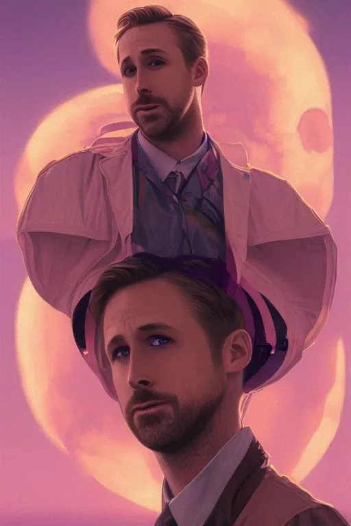 Image similar to ryan gosling robotic clothes in the beach purple sun, pink lighting ultra realistic photorealistic highly detailed high quality, a stunningly, digital painting, artstation, concept art, smooth, sharp focus, illustration, art by artgerm and greg rutkowski and alphonse mucha 8 k