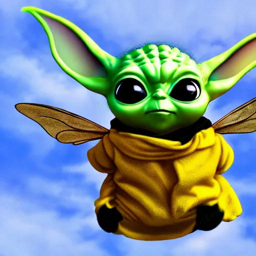 Image similar to baby yoda in a bee costume with antennae and wings flying in epic action pose, 8k selfie photograph