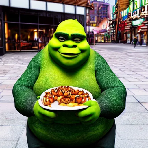 Image similar to fat shrek eating chicken wings outside of mcdonald ’ s in real life, realistic, detailed, 8 k, 4 k uhd, hyper realistic, great detail