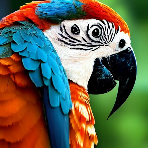 Image similar to Falcon and macaw parrot hybrid animal, realistic photo, taken in zoo,