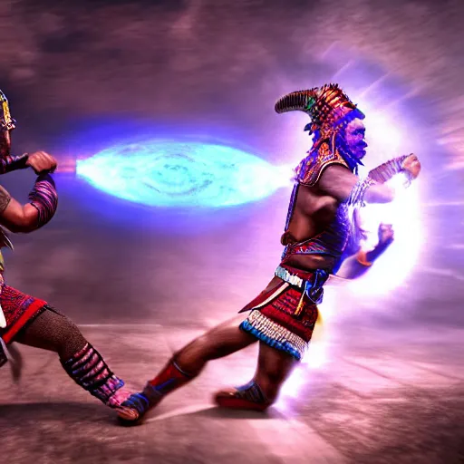 Image similar to a mayan warrior fighting a priest, high quality CG render, 4K