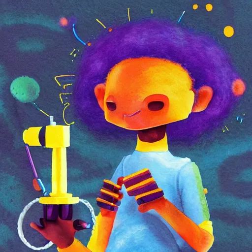 Image similar to a black girl with a colorful afro and rainbow eyes building a robot, bright colours, bokeh!! watercolor, volumetric wool felting, macro photography, children illustration, by goro fujita