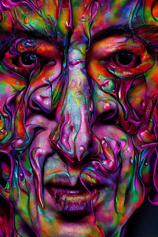 Image similar to psychedelic melting wax face, close up shot, diffuse lighting, intricate, elegant, highly detailed portrait, lifelike, photorealistic, digital painting, smooth, sharp focus