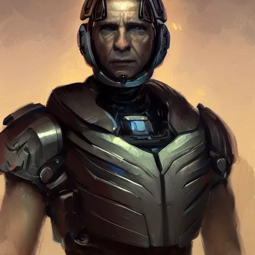 Prompt: Portrait of a man by Greg Rutkowski, he is about 50 years old, short blond hair, athletic and strong, straight jaw, wearing a futuristic tactical gear, expression of determination with weariness and resignation, older brother vibes, highly detailed portrait, digital painting, artstation, concept art, smooth, sharp foccus ilustration, Artstation HQ.