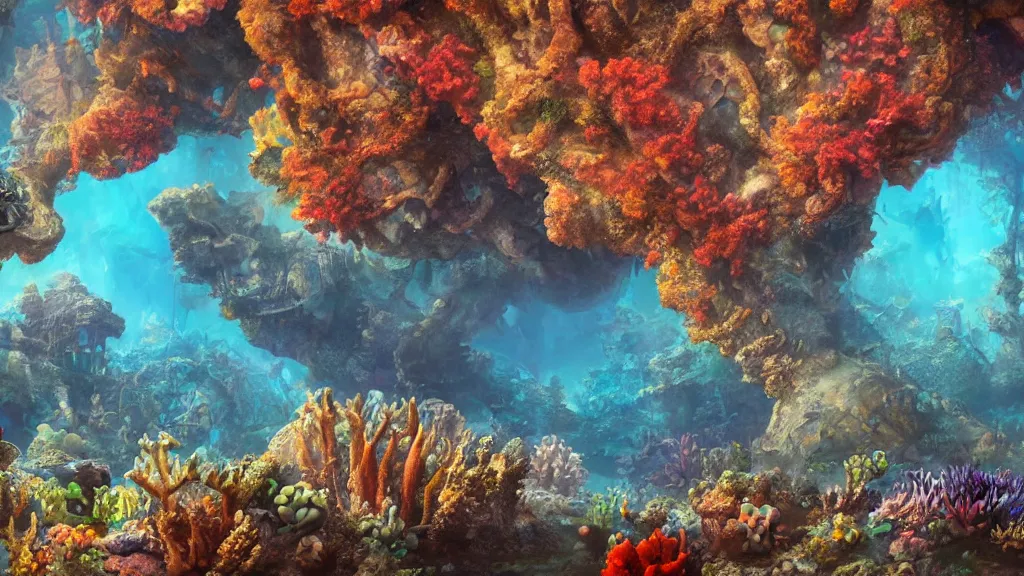 Prompt: Trending on artstation, beautiful underwater lost city coral reef, detailed matte painting, oil on canvas