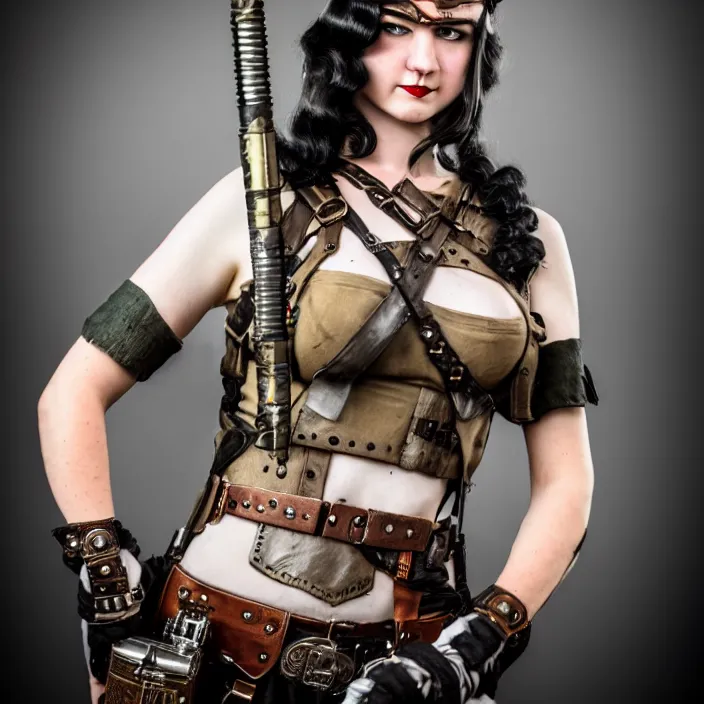 Image similar to full length photograph of a real - life very beautiful dieselpunk warrior. extremely detailed. dslr. 8 5 mm.