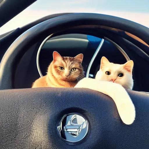 Image similar to top view of cabriolet, cat behind steering wheel looking happy, golden hour