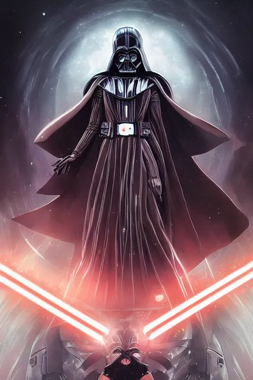 Image similar to anime key visual of a female darth vader goddess!!, intricate, stunning, highly detailed, digital painting, artstation, smooth, hard focus, starwars, sith, dark side, villain, the force, lucas films, illustration, art by artgerm and greg rutkowski and alphonse mucha