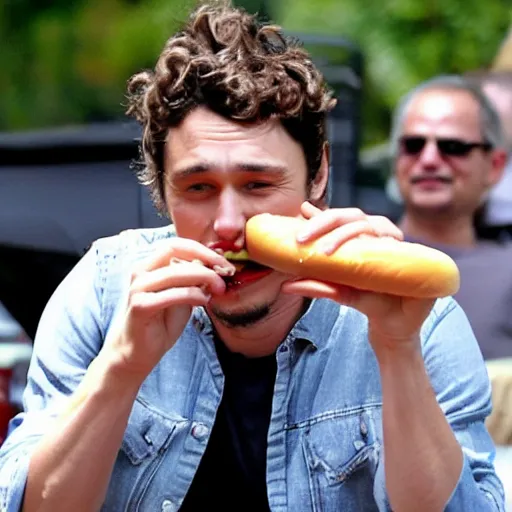 Prompt: James Franco eating a hotdog