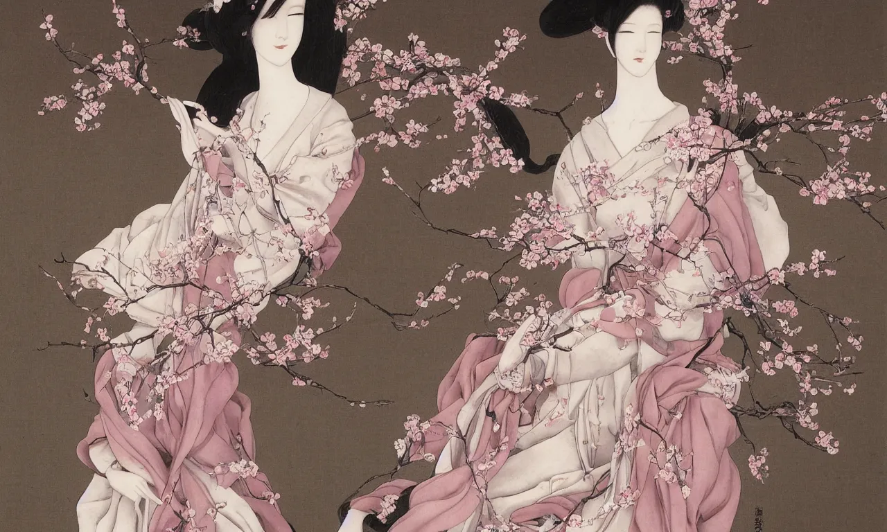 Prompt: a portrait of a beautiful female mannequin, a jointed wooden art doll with long flowing hair, holding paper fans, cherry blossom, plum blossom, flowing silk robes, by Yoshitaka Amano