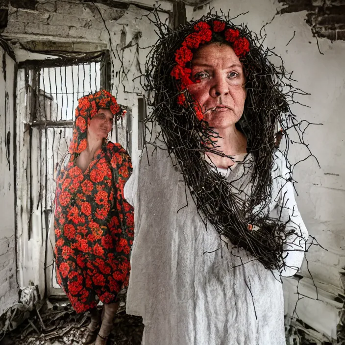 Image similar to a woman wearing a hooded cloak made of zinnias and barbed wire, in a derelict house, by Helen Warner, natural light, detailed face, CANON Eos C300, ƒ1.8, 35mm, 8K, medium-format print