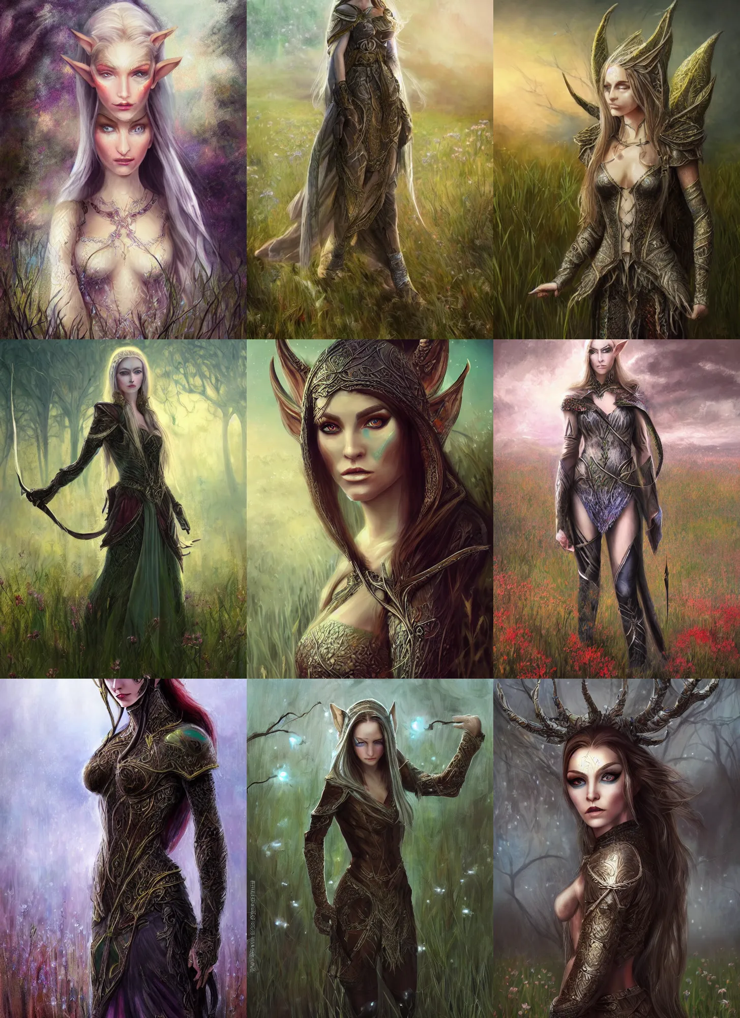 Prompt: beautiful full body concept art beautiful face and realistic eyes, elven female rogue wearing full intricate clothing standing in a field, soft focus, oil canvas painting, interesting lights