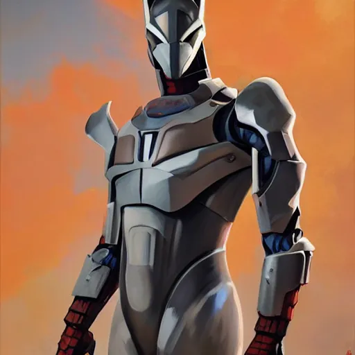 Image similar to greg manchess portrait painting of armored spiderman ultraman grey fox metal gear cyborg hybrid as overwatch character, medium shot, asymmetrical, profile picture, organic painting, sunny day, matte painting, bold shapes, hard edges, street art, trending on artstation, by huang guangjian and gil elvgren and sachin teng