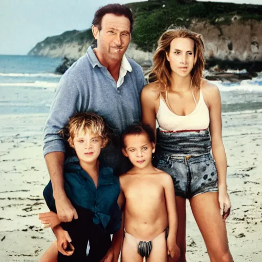 Prompt: portrait of a happy family at the beach fully - clothed, outdoor lighting, realistic, smooth face, perfect eyes, wide angle, sharp focus, high quality, professional photography, photo by annie leibovitz, mark mann, peter lindbergh