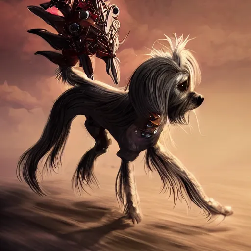 Image similar to Chinese crested powderpuff dog, full body, battle armour, Anthropomorphized, casting epic spell, magic the gathering artwork, D&D, fantasy, cinematic lighting, centered, symmetrical, highly detailed, digital painting, artstation, concept art, smooth, sharp focus, illustration, volumetric lighting, epic Composition, 8k, art by Akihiko Yoshida and Greg Rutkowski and Craig Mullins, heroic pose, oil painting, cgsociety, magic lab background