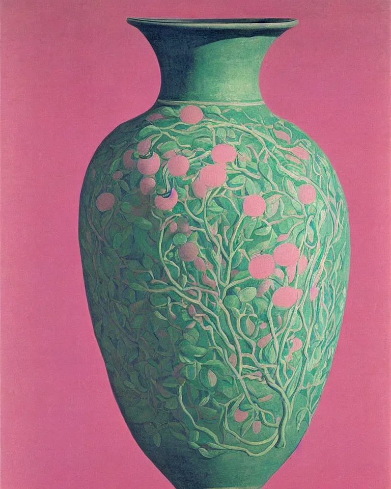 Prompt: achingly beautiful print of intricately painted ancient greek amphora on a pink background by rene magritte, monet, and picasso.