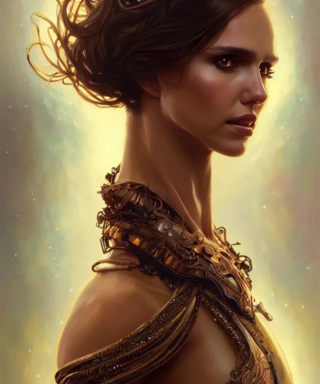 Image similar to Nathalie portman as jessica alba fantasy magic woman portrait, sci-fi, amber eyes, face, long hair, fantasy, intricate, elegant, highly detailed, digital painting, artstation, concept art, smooth, sharp focus, illustration, art by artgerm and greg rutkowski and alphonse mucha