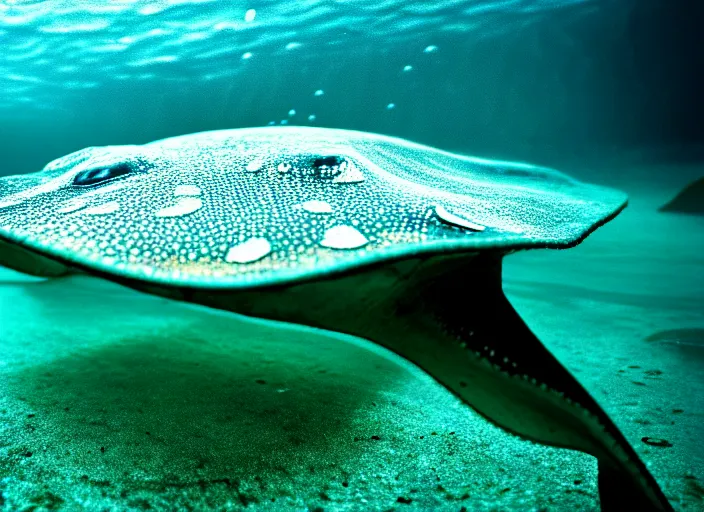 Image similar to under water stingray, water light scattering, underwater photography, high details, 8 k, realistic shot, cinematic lighting