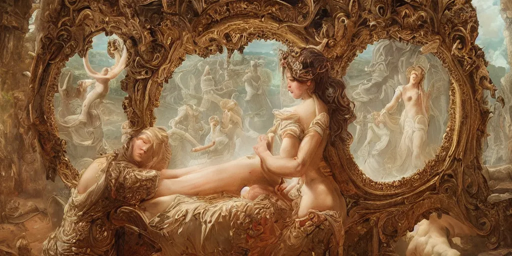 Image similar to a stunning and noble highly detailed romantic period style painting of the place where gods come into being by james jean, josep tapiro baro and harles sillem lidderdale, trending on artstation, oil painting masterpiece, symmetry, rule of thirds, mysterious