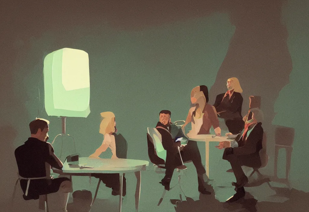 Image similar to portrait of joe biden talking with anya taylor - joy, epic debates, presidental elections candidates, cnn, fox news, fantasy, by atey ghailan, by greg rutkowski, by greg tocchini, by james gilleard, by joe gb fenton, dynamic lighting, gradient light green, brown, blonde cream, salad and white colors in scheme, grunge aesthetic